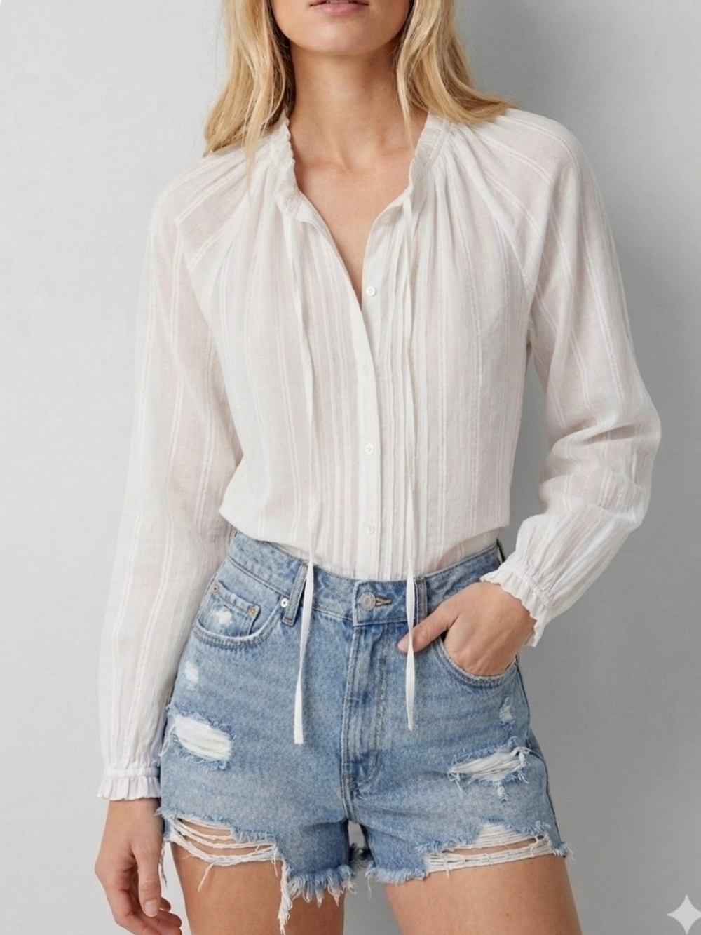 Flat White White Striped Metallic Sheer Button Peasant Blouse Boho Top Size XS